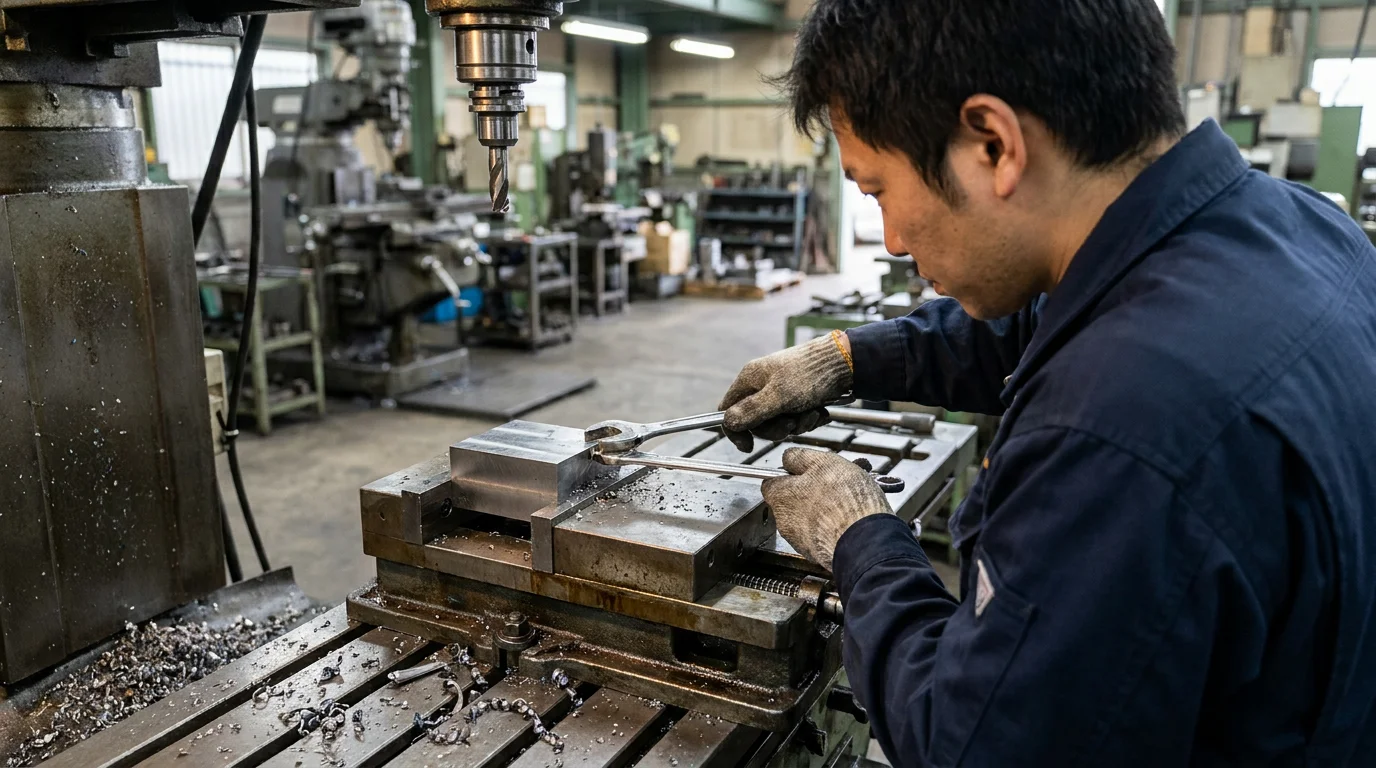切削工具で金属部品を加工している作業者の手元