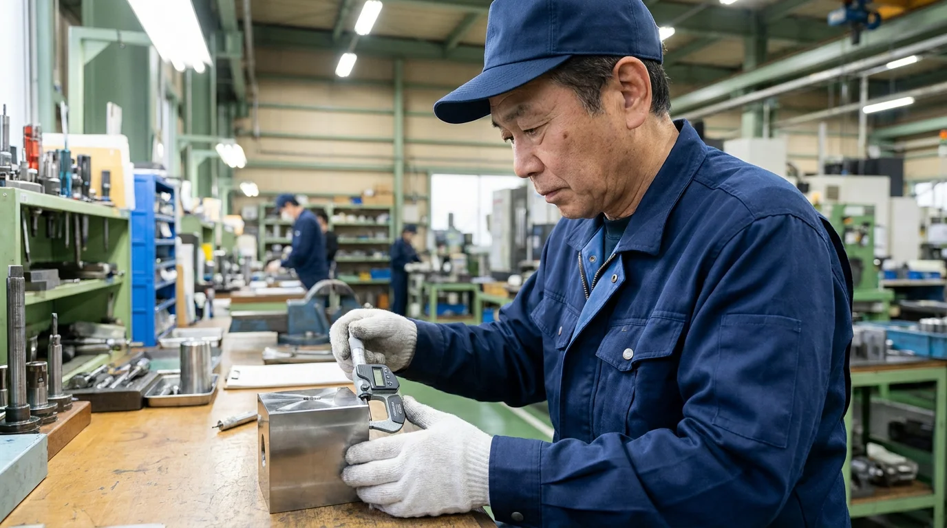 測定器で金属加工部品の寸法を確認する検査作業